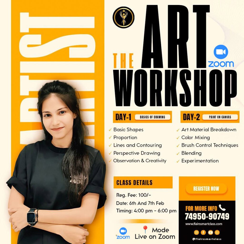 "2 days online art workshop for beginners, artist workspace with canvas, brushes, paints, and laptop showing live online class, creative learning from home"